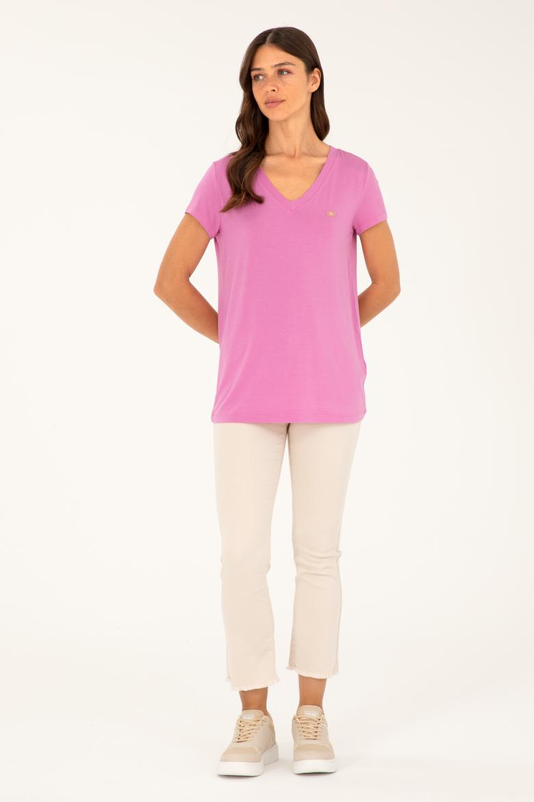 Kadın Menekşe V Yaka Basic Tişört - 50280019094