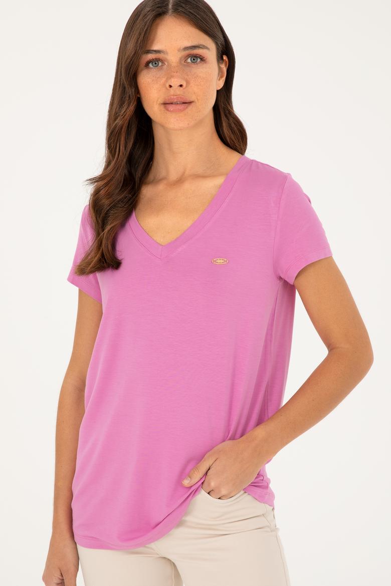 Kadın Menekşe V Yaka Basic Tişört - 50280019094