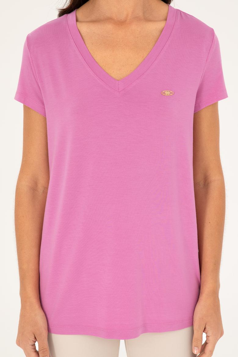 Kadın Menekşe V Yaka Basic Tişört - 50280019094