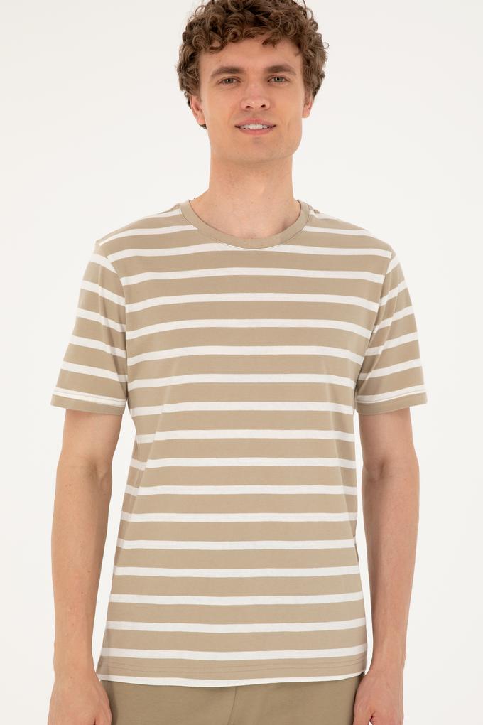 Erkek Regular Fit Bisiklet Yaka Açık Haki Tişört