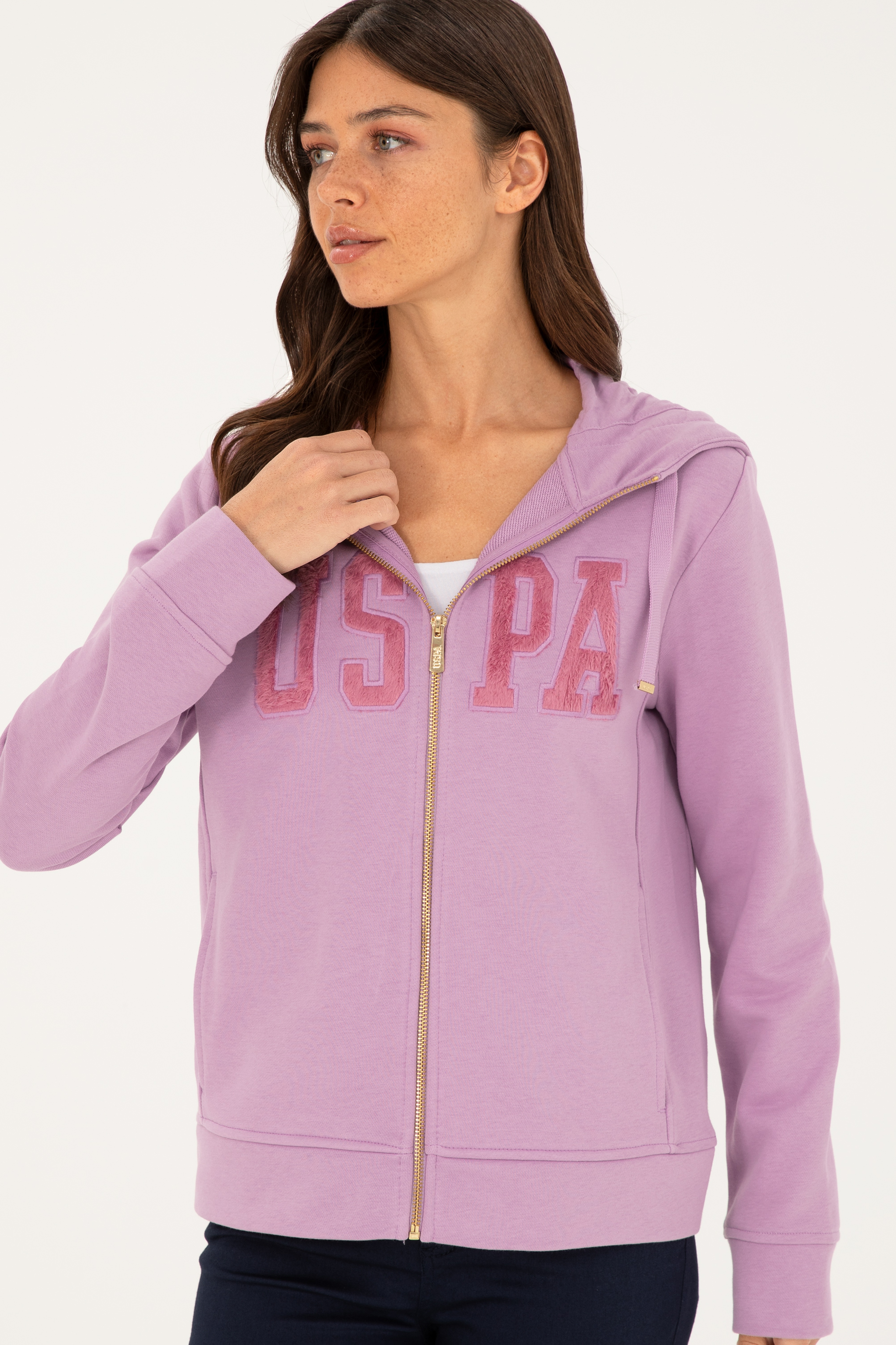 Kadın Lila Basic Kapüşonlu Sweatshirt - Image 3