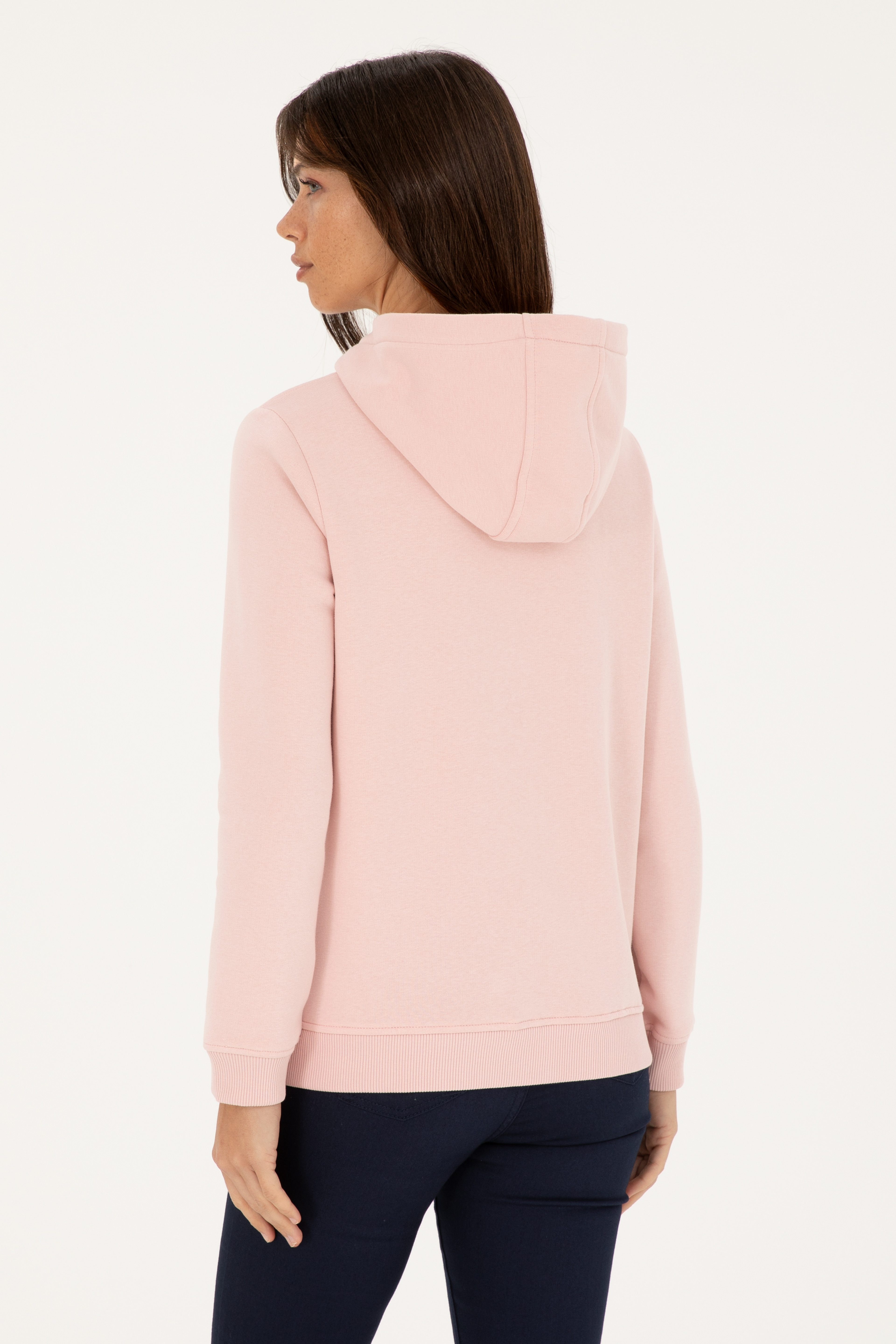 Kadın Toz Pembe Basic Kapüşonlu Sweatshirt - Image 5