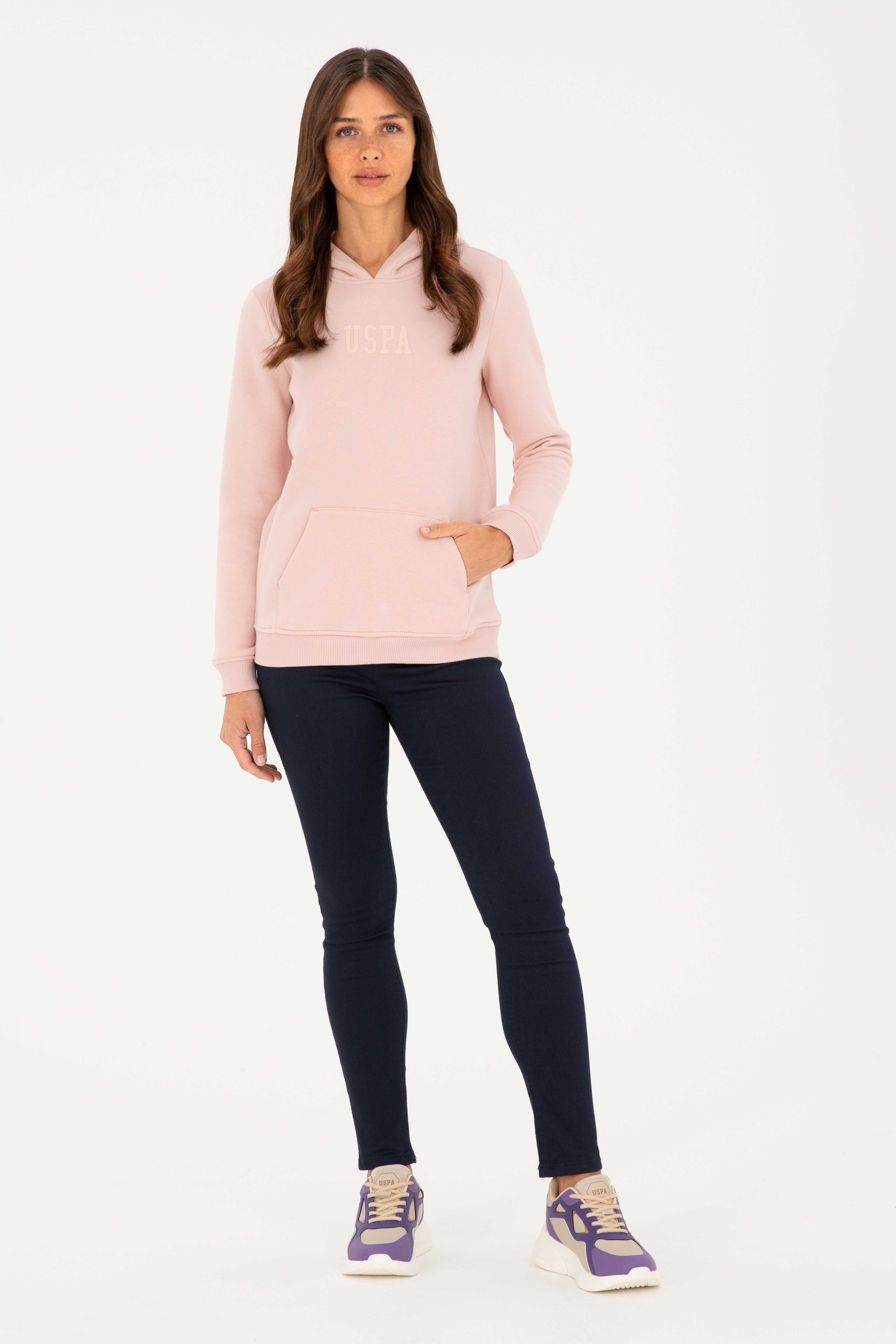 Kadın Toz Pembe Basic Kapüşonlu Sweatshirt - Image 4