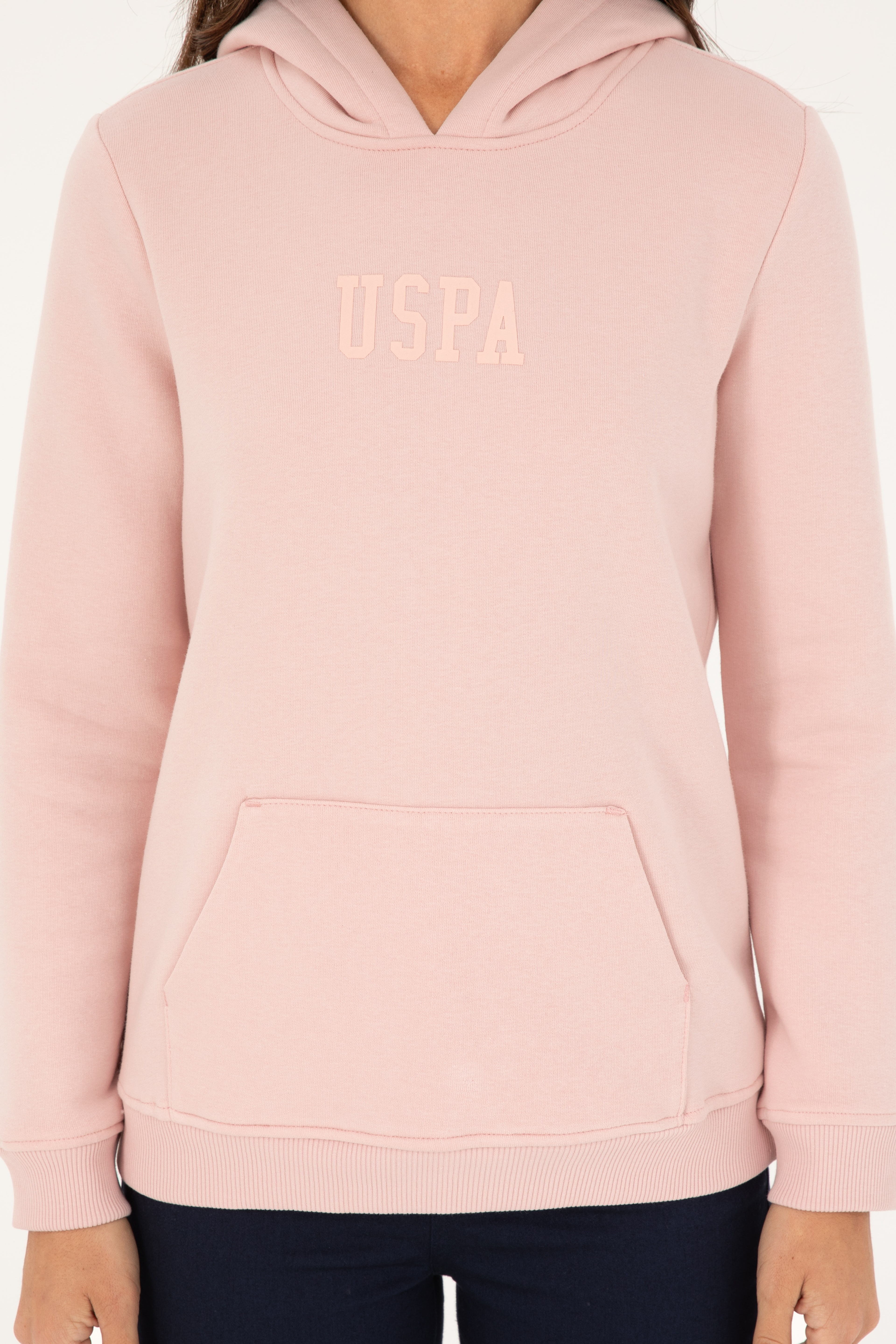 Kadın Toz Pembe Basic Kapüşonlu Sweatshirt