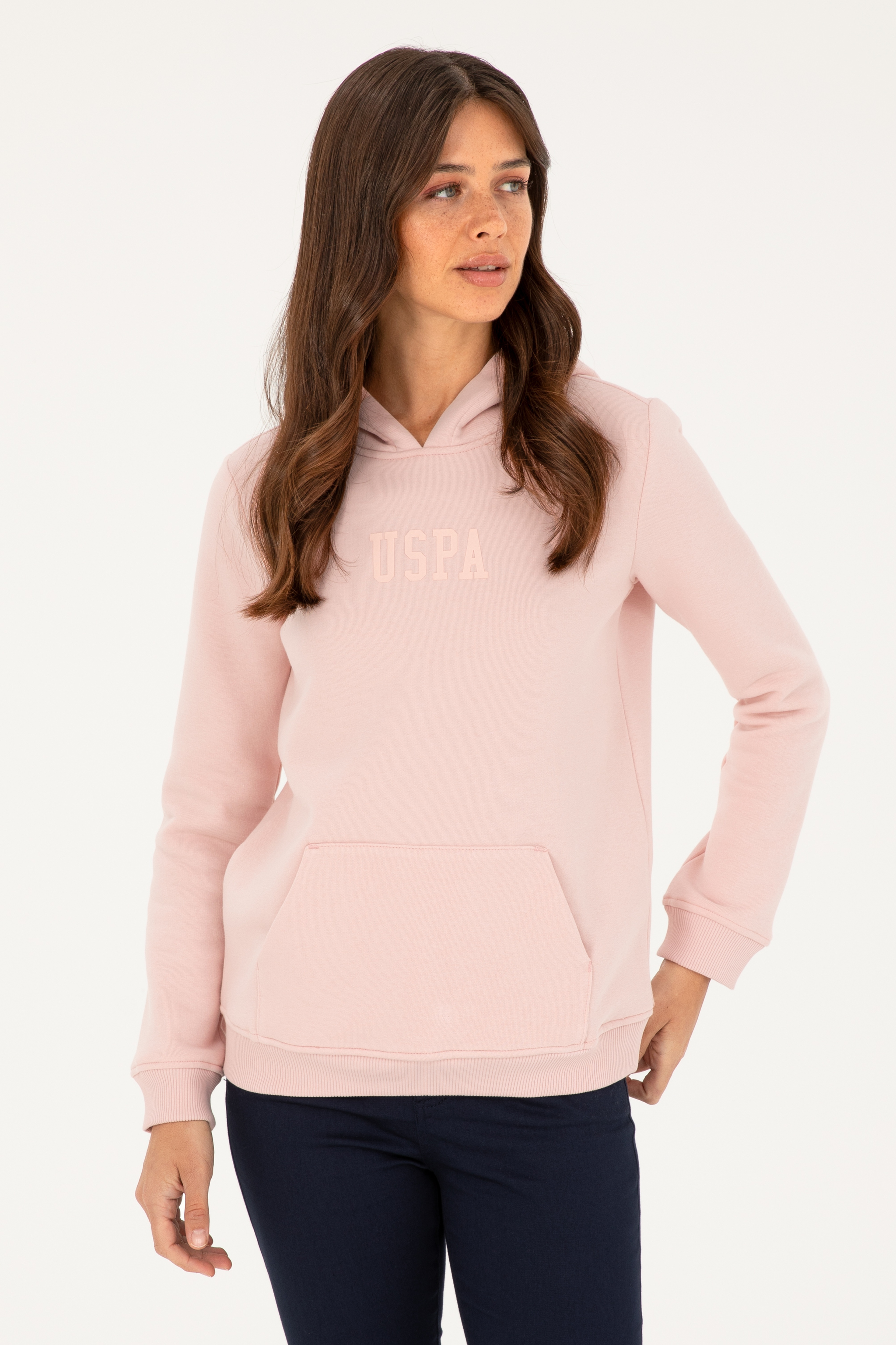 Kadın Toz Pembe Basic Kapüşonlu Sweatshirt - Image 1