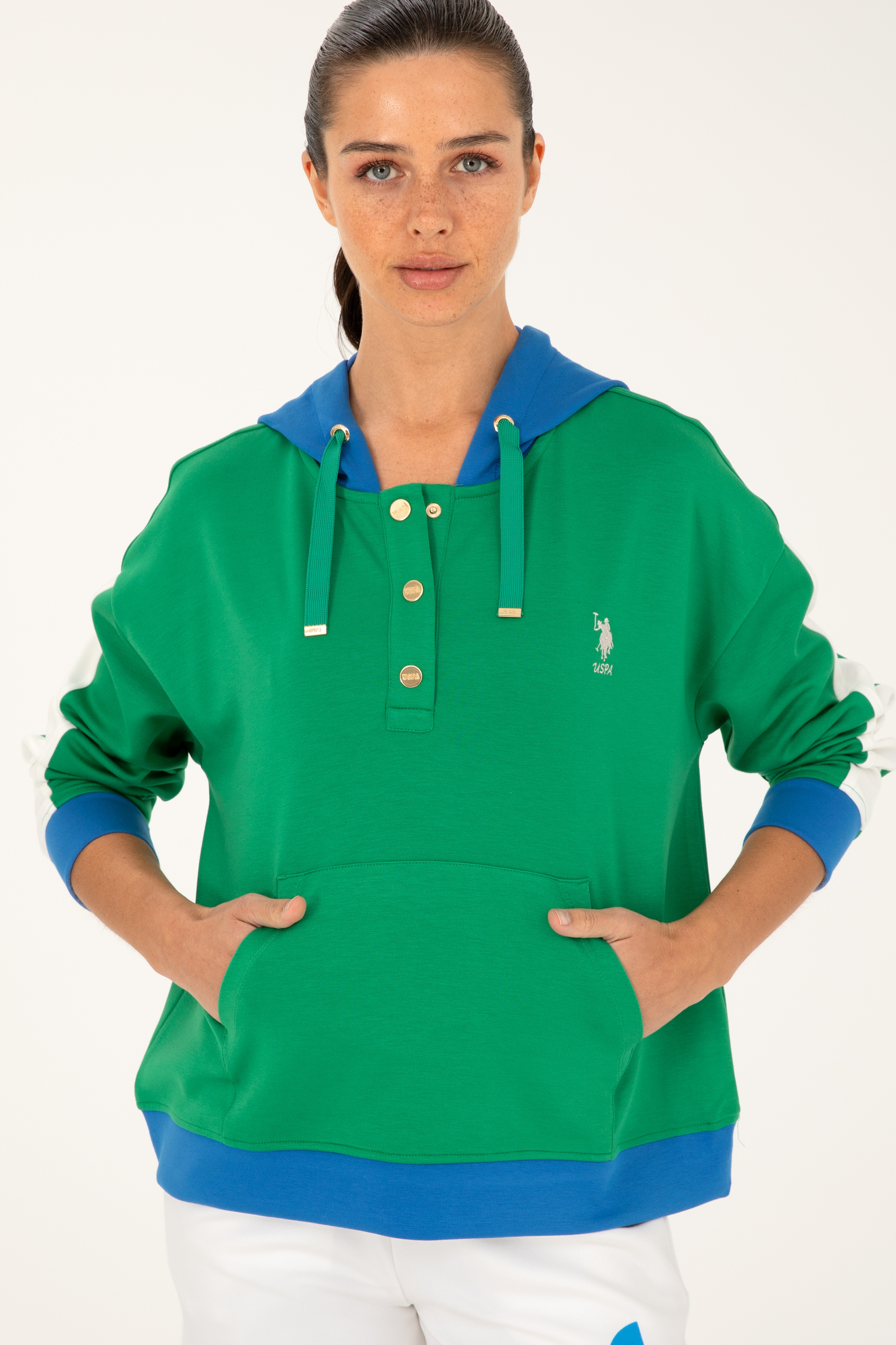 Kadın Yeşil Kapüşonlu Sweatshirt - Image 3