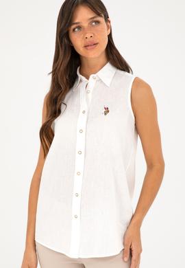 Kadın Beyaz Keten Görünümlü Kısa Kollu Gömlek - 50288909007