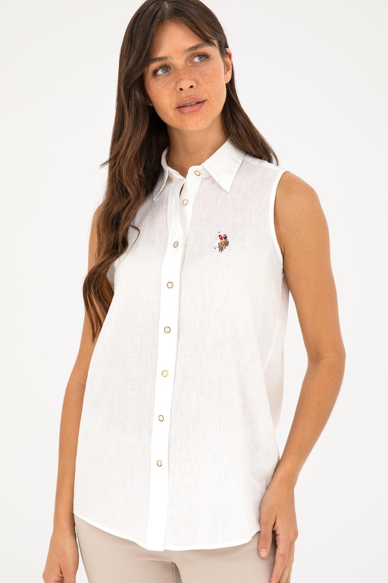 Kadın Beyaz Keten Görünümlü Kısa Kollu Gömlek - 50288909007