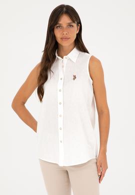 Kadın Beyaz Keten Görünümlü Kısa Kollu Gömlek - 50288909007