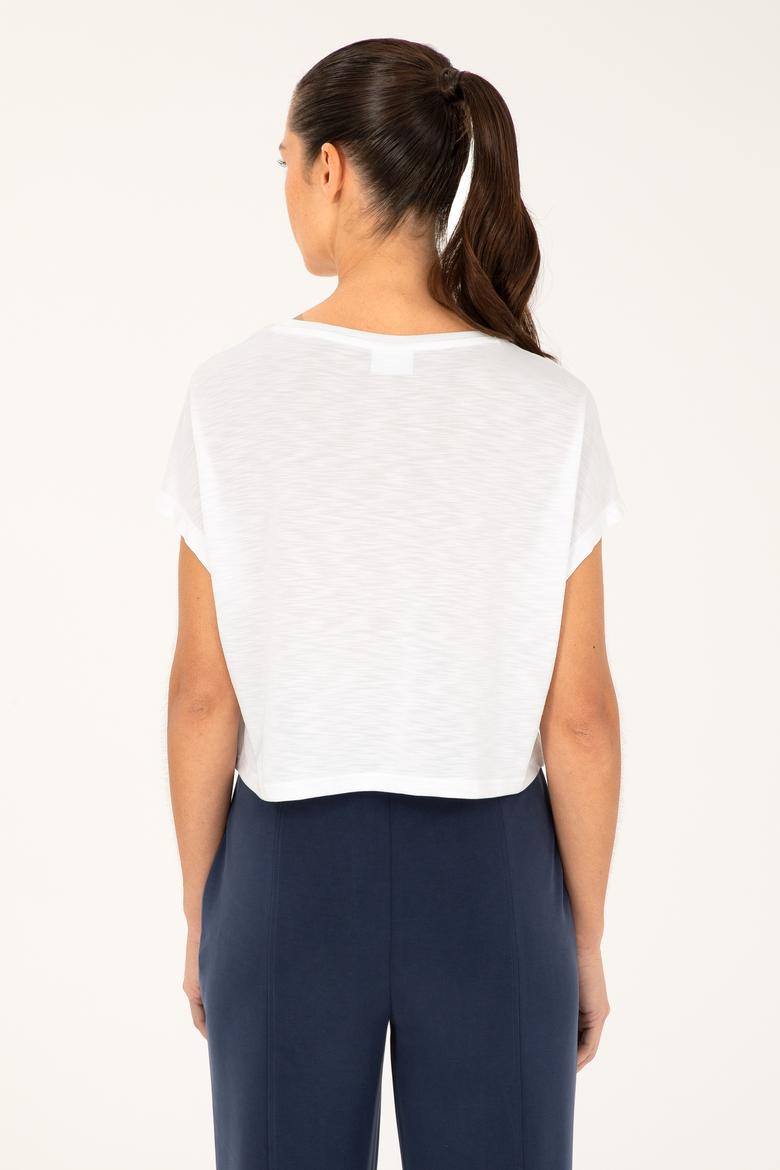 Kadın Beyaz Bisiklet Yaka Tişört - 50284353006