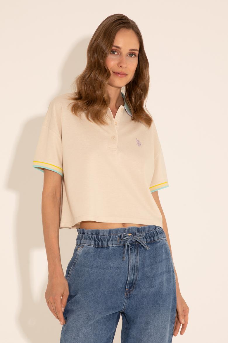 Kadın Krem Polo Yaka Tişört - 50285879003