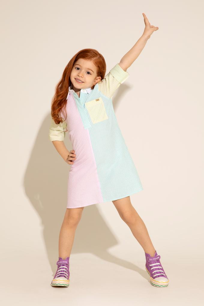 Kız Çocuk Su Yeşili Dokuma Uzun Kollu Elbise