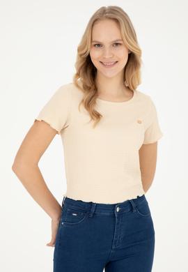 Kadın Krem Bisiklet Yaka Tişört - 50285532013