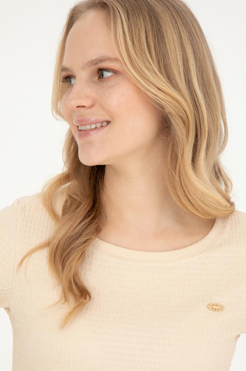 Kadın Krem Bisiklet Yaka Tişört