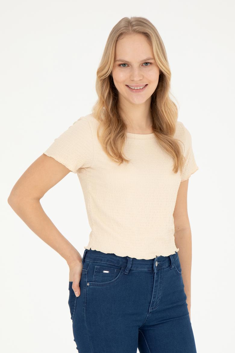 Kadın Krem Bisiklet Yaka Tişört - 50285532013