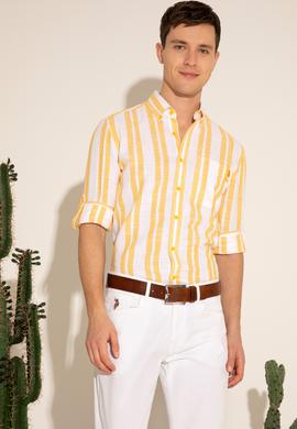 Erkek Safran Çizgili Beyaz Gömlek - 50283347007