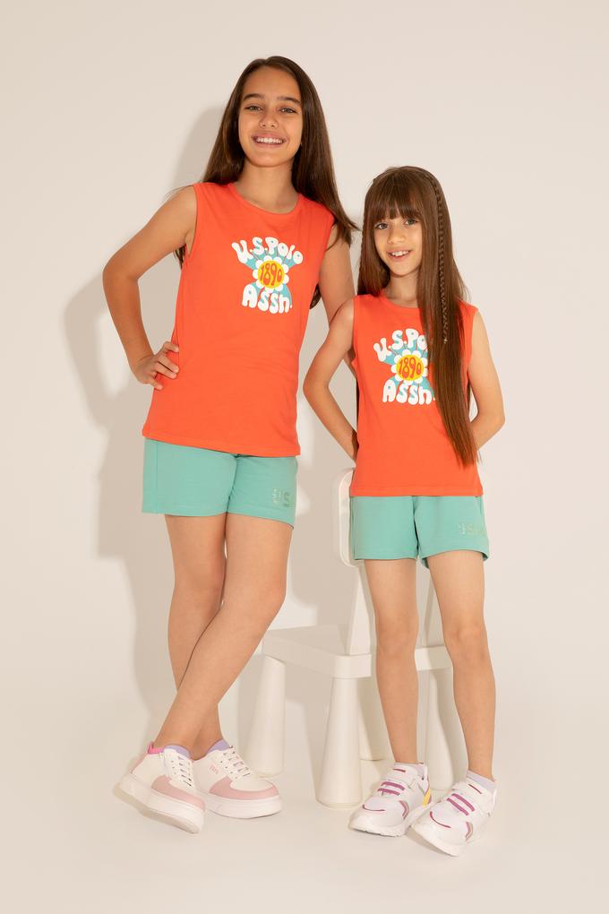 Kız Çocuk Nar Çiçeği Bisiklet Yaka Kolsuz Tişört