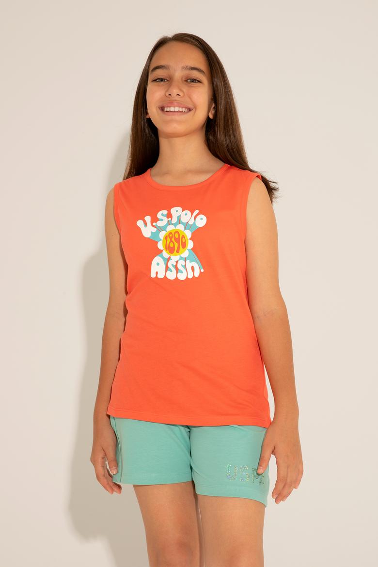 Kız Çocuk Nar Çiçeği Bisiklet Yaka Kolsuz Tişört - 50288410032