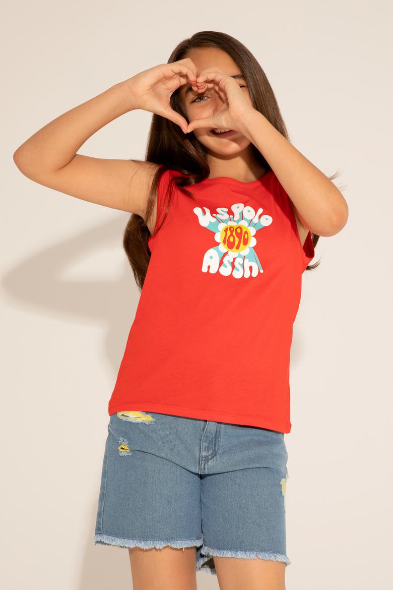 Kız Çocuk Kırmızı Bisiklet Yaka Kolsuz Tişört - 50288410044