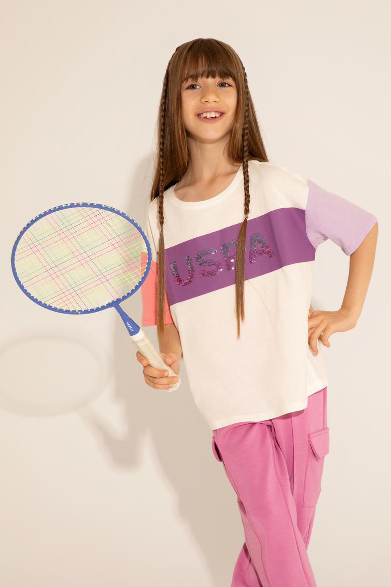 Kız Çocuk Ekru Bisiklet Yaka Tişört - 50288456003