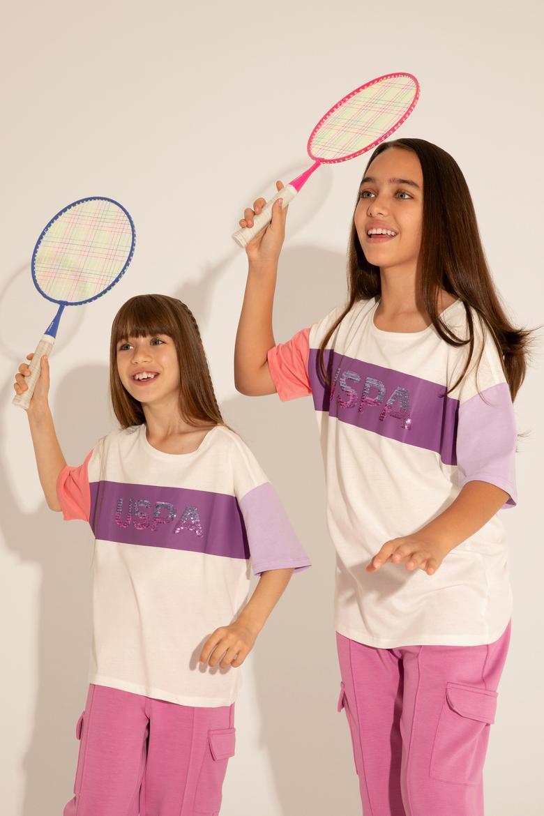 Kız Çocuk Ekru Bisiklet Yaka Tişört