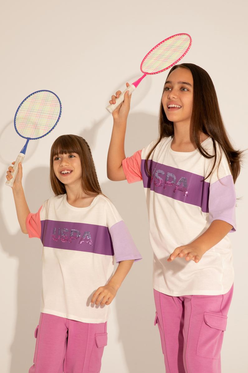 Kız Çocuk Ekru Bisiklet Yaka Tişört