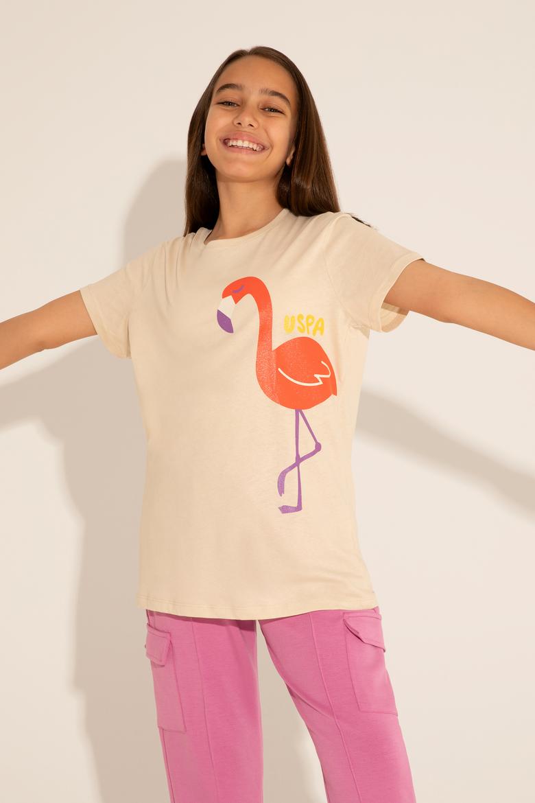 Kız Çocuk Krem Bisiklet Yaka Tişört - 50288445032