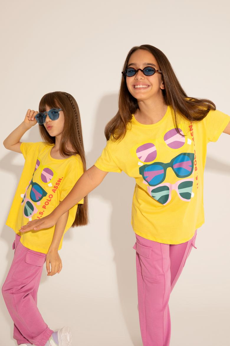 Kız Çocuk Sarı Bisiklet Yaka Tişört - 50288453002