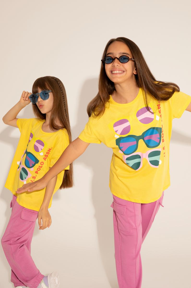 Kız Çocuk Sarı Bisiklet Yaka Tişört