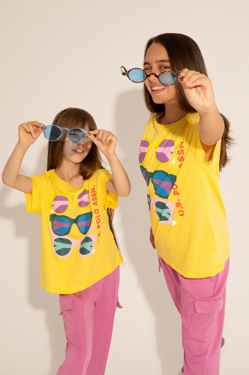 Kız Çocuk Sarı Bisiklet Yaka Tişört