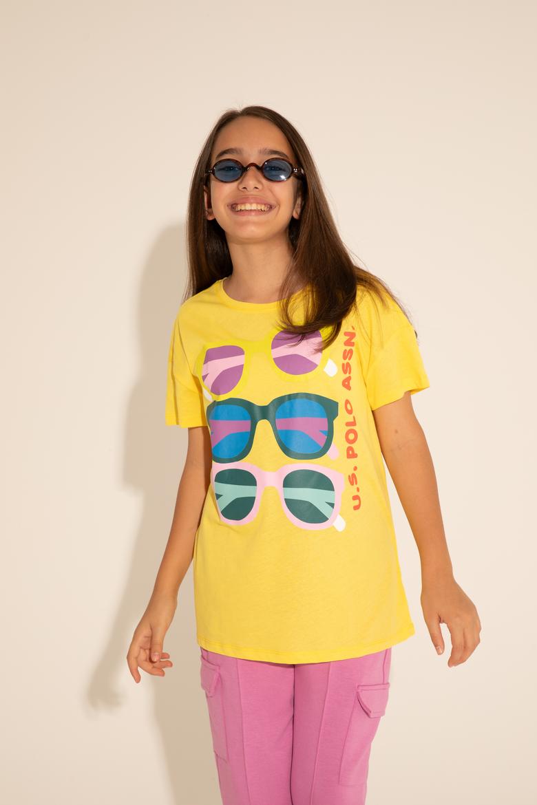 Kız Çocuk Sarı Bisiklet Yaka Tişört - 50288453002