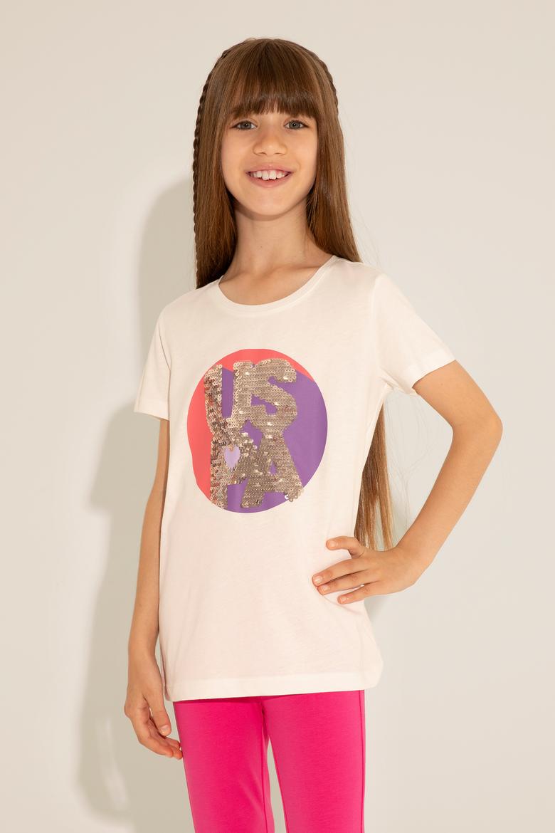 Kız Çocuk Ekru Bisiklet Yaka Tişört - 50288455012