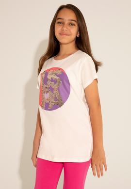 Kız Çocuk Ekru Bisiklet Yaka Tişört - 50288455012