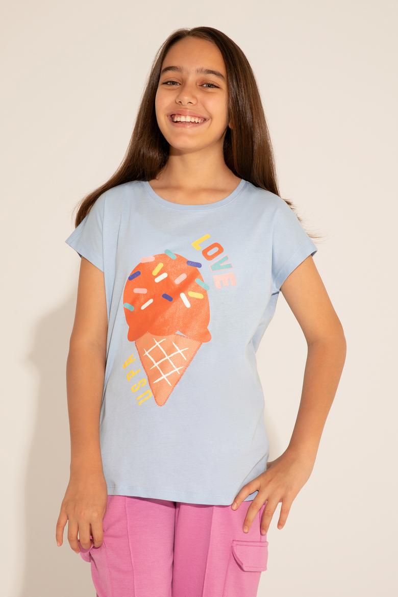 Kız Çocuk Açık Mavi Bisiklet Yaka Tişört - 50288452001