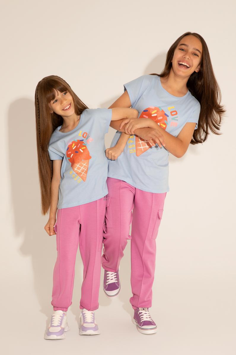 Kız Çocuk Açık Mavi Bisiklet Yaka Tişört