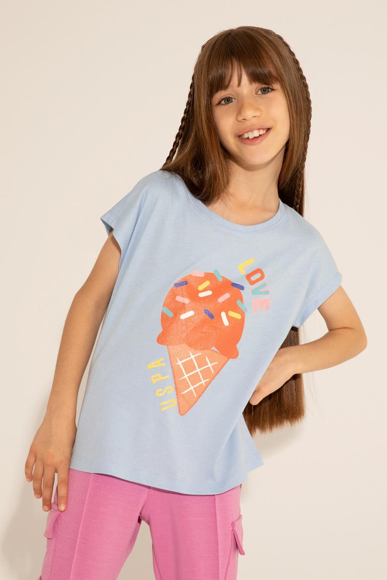 Kız Çocuk Açık Mavi Bisiklet Yaka Tişört - 50288452001