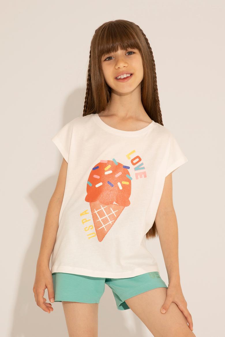 Kız Çocuk Ekru Bisiklet Yaka Tişört - 50288452015