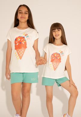 Kız Çocuk Ekru Bisiklet Yaka Tişört - 50288452015