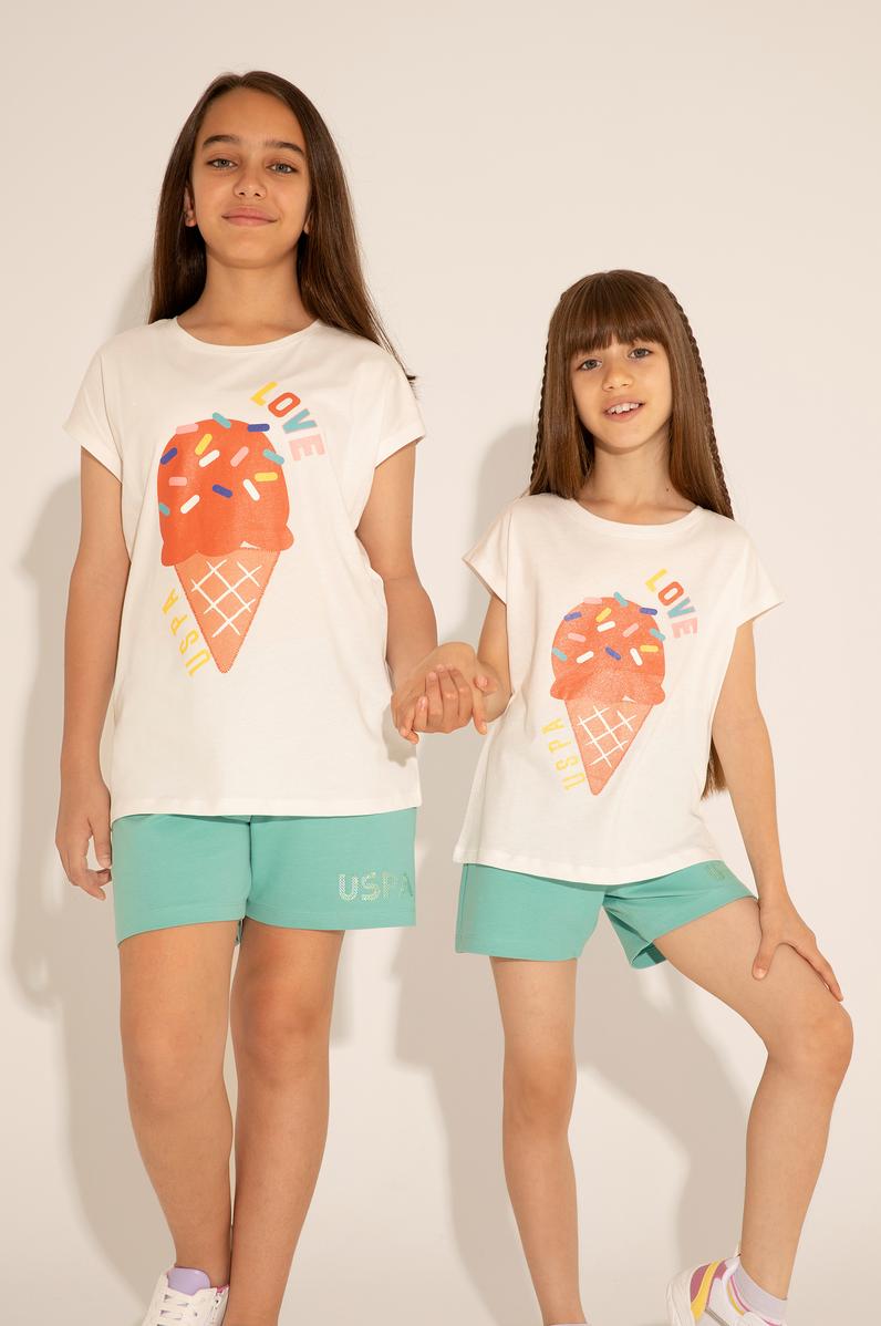 Kız Çocuk Ekru Bisiklet Yaka Tişört