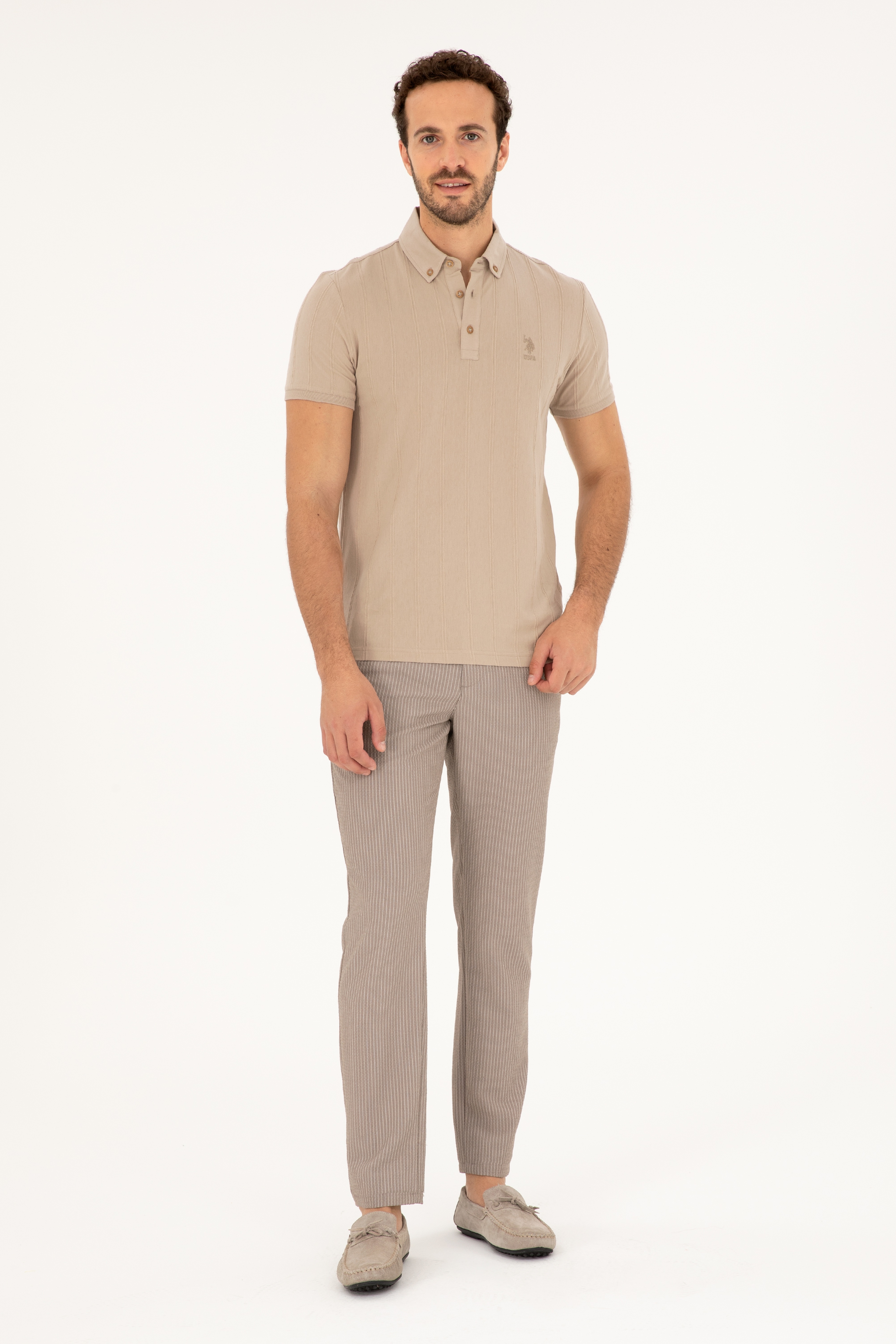 Erkek Slim Fit Polo Yaka Açık Haki Tişört - Image 4