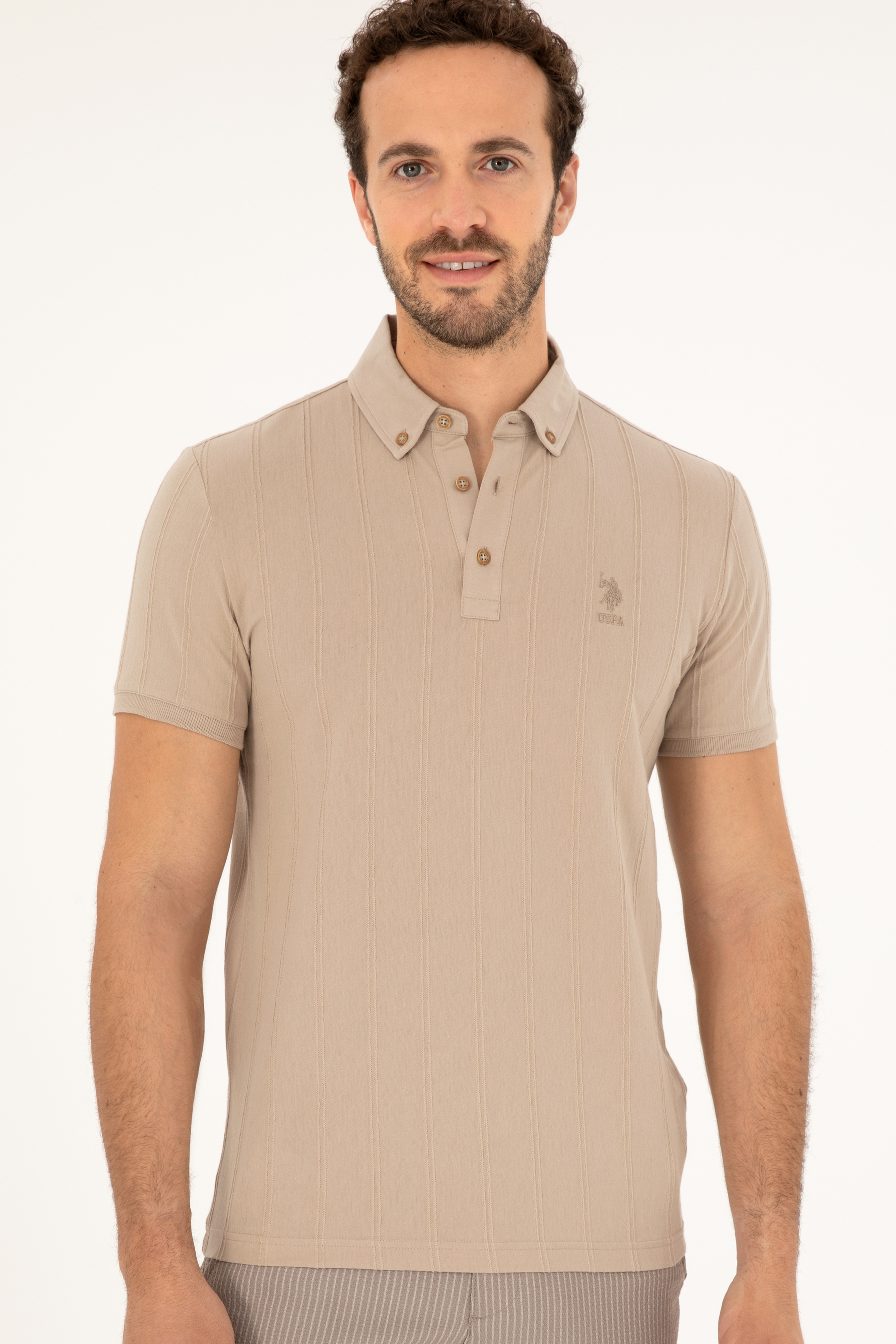 Erkek Slim Fit Polo Yaka Açık Haki Tişört - Image 3