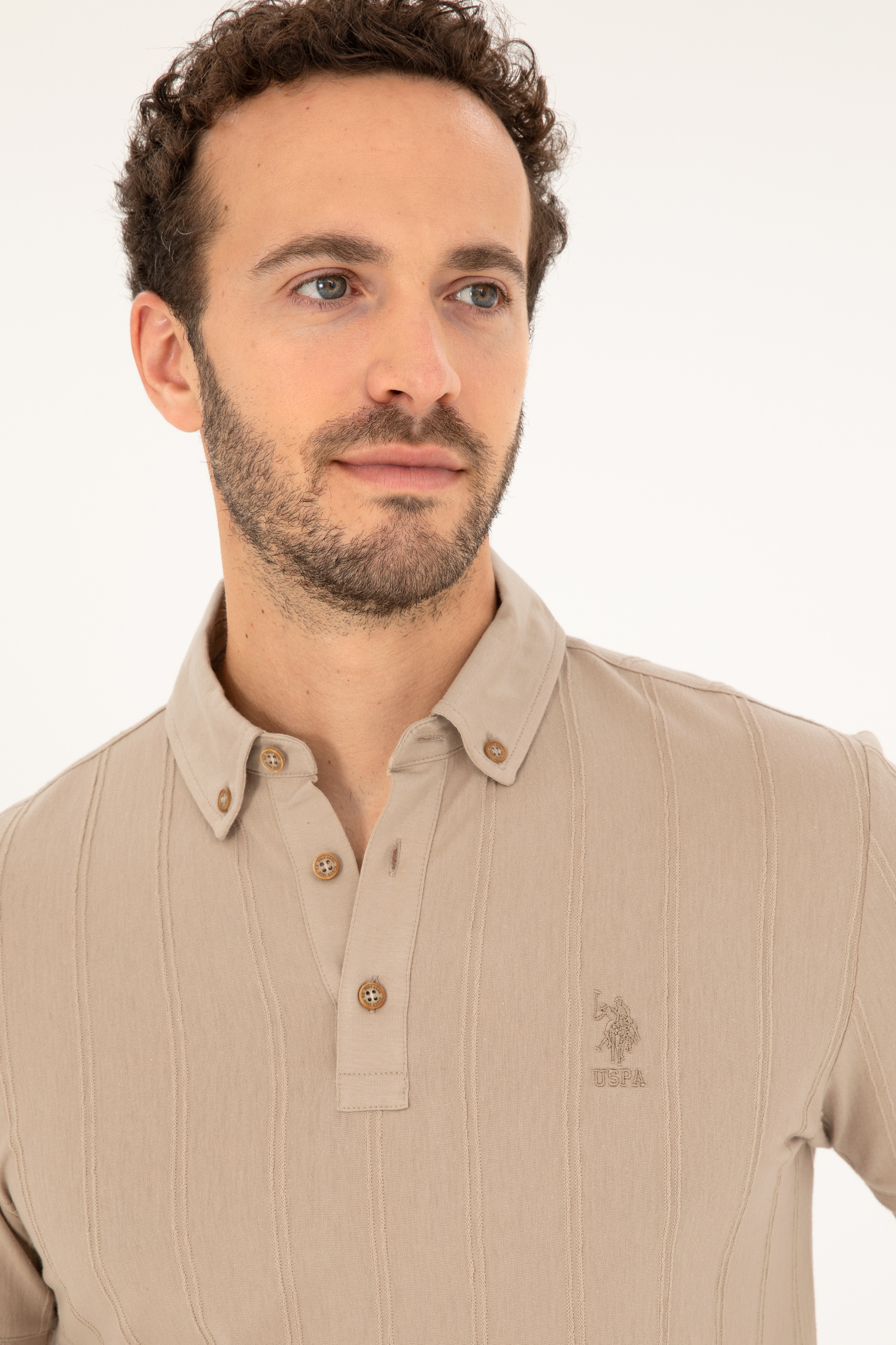 Erkek Slim Fit Polo Yaka Açık Haki Tişört - Image 2