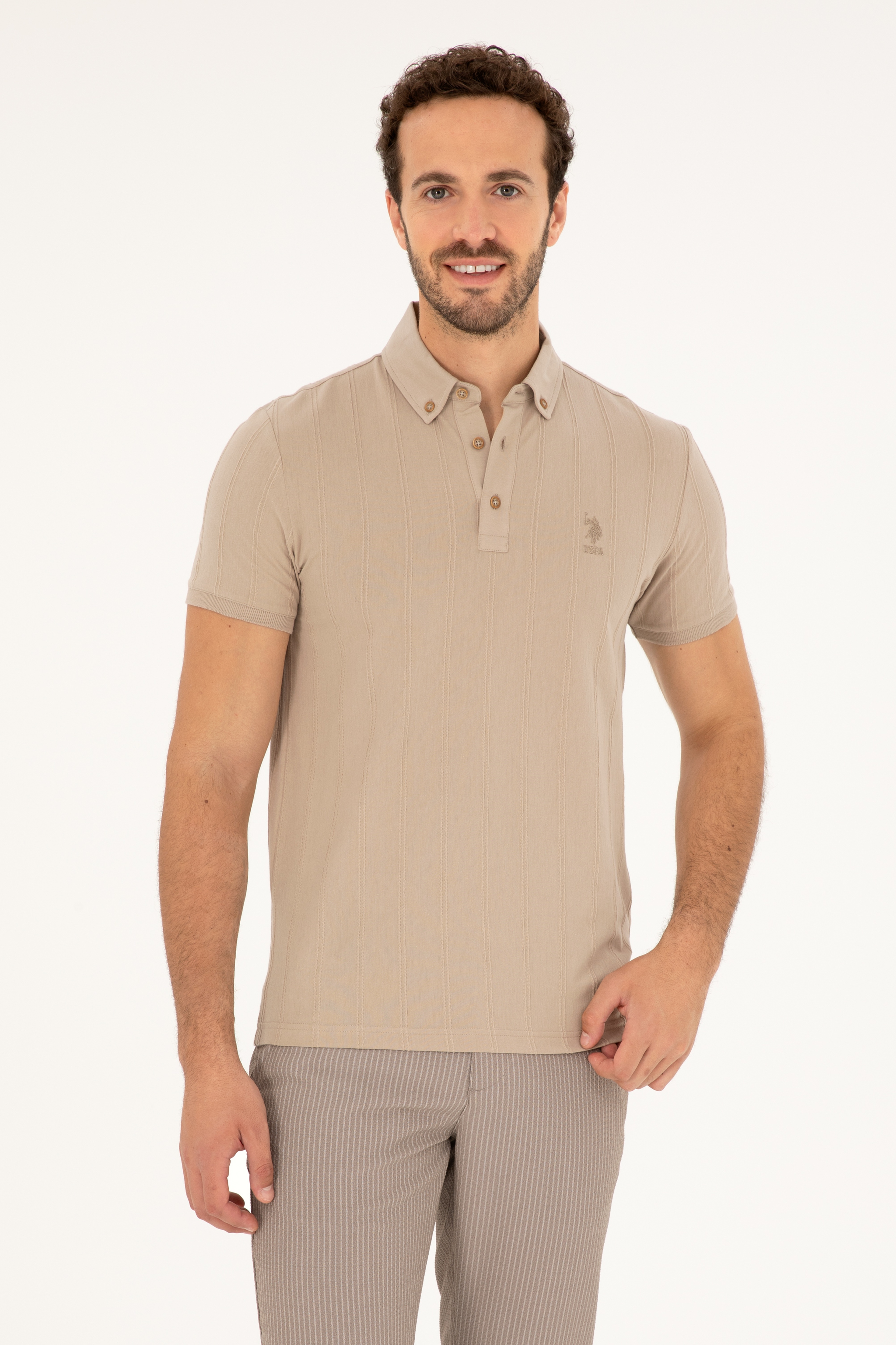 Erkek Slim Fit Polo Yaka Açık Haki Tişört - Image 1