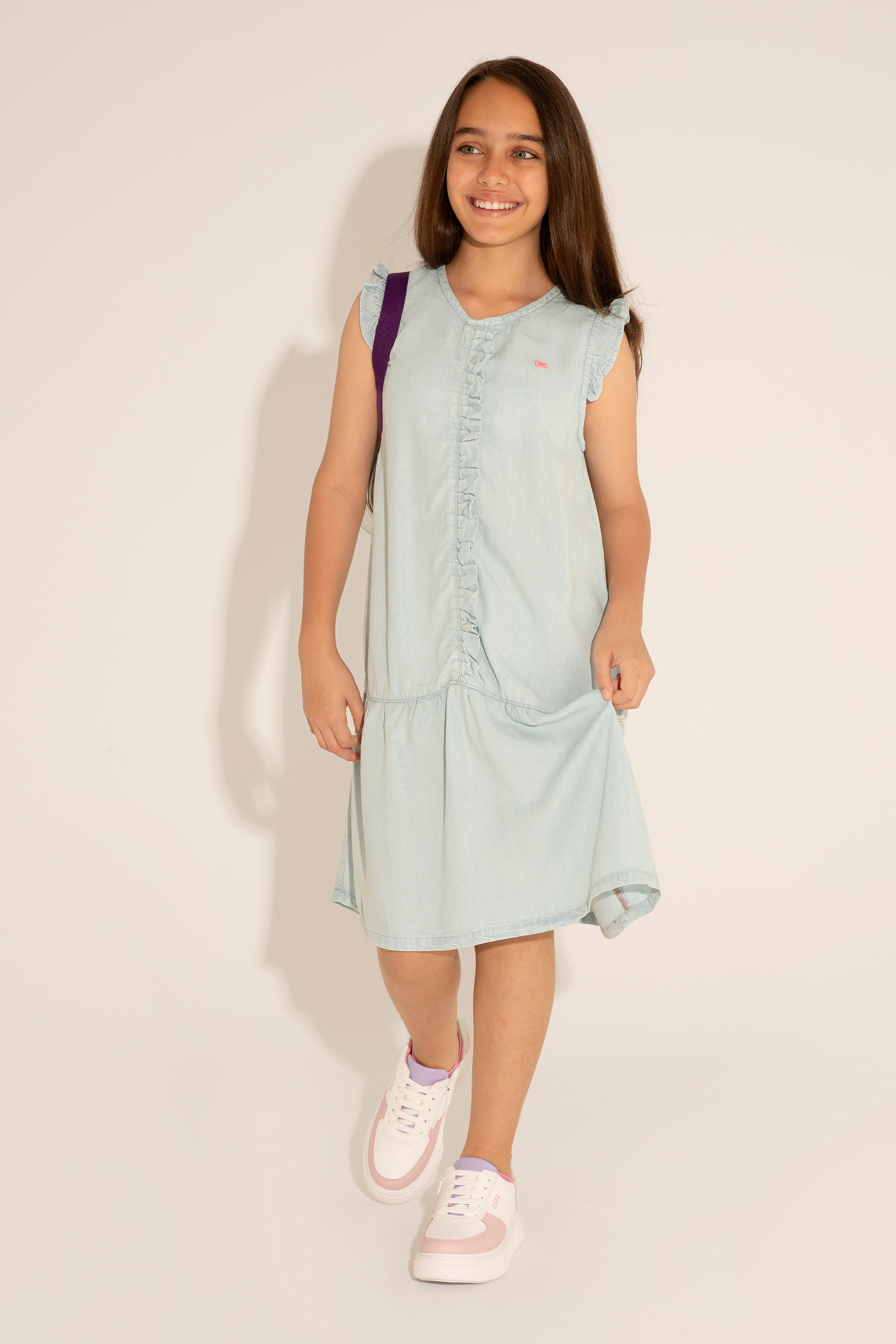 Kız Çocuk Açık Mavi Kolsuz Jean Elbise - Image 3