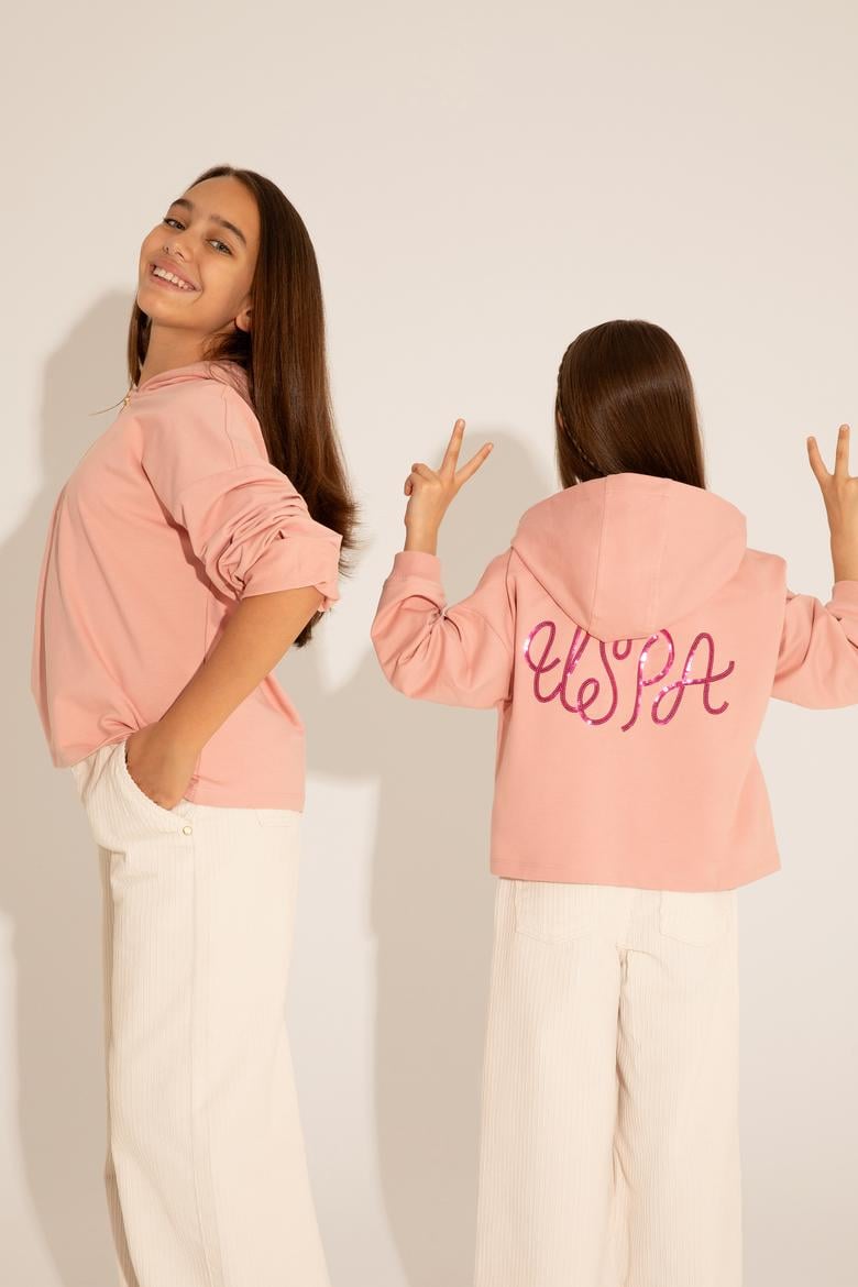 Kız Çocuk Pudra Kapüşonlu Sweatshirt