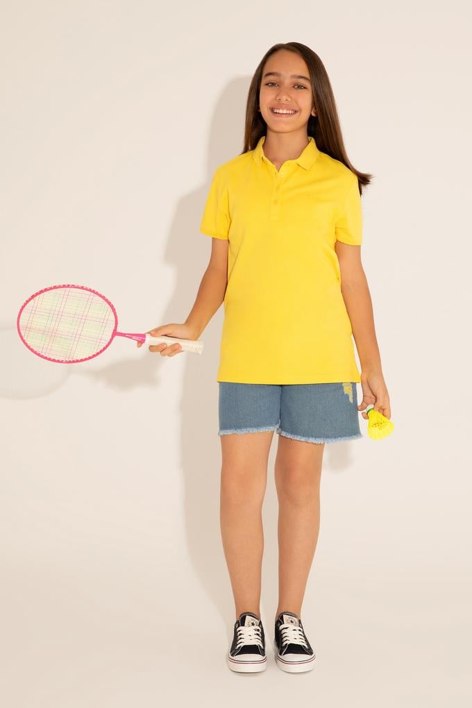 Kız Çocuk Sarı Polo Yaka Basic Tişört