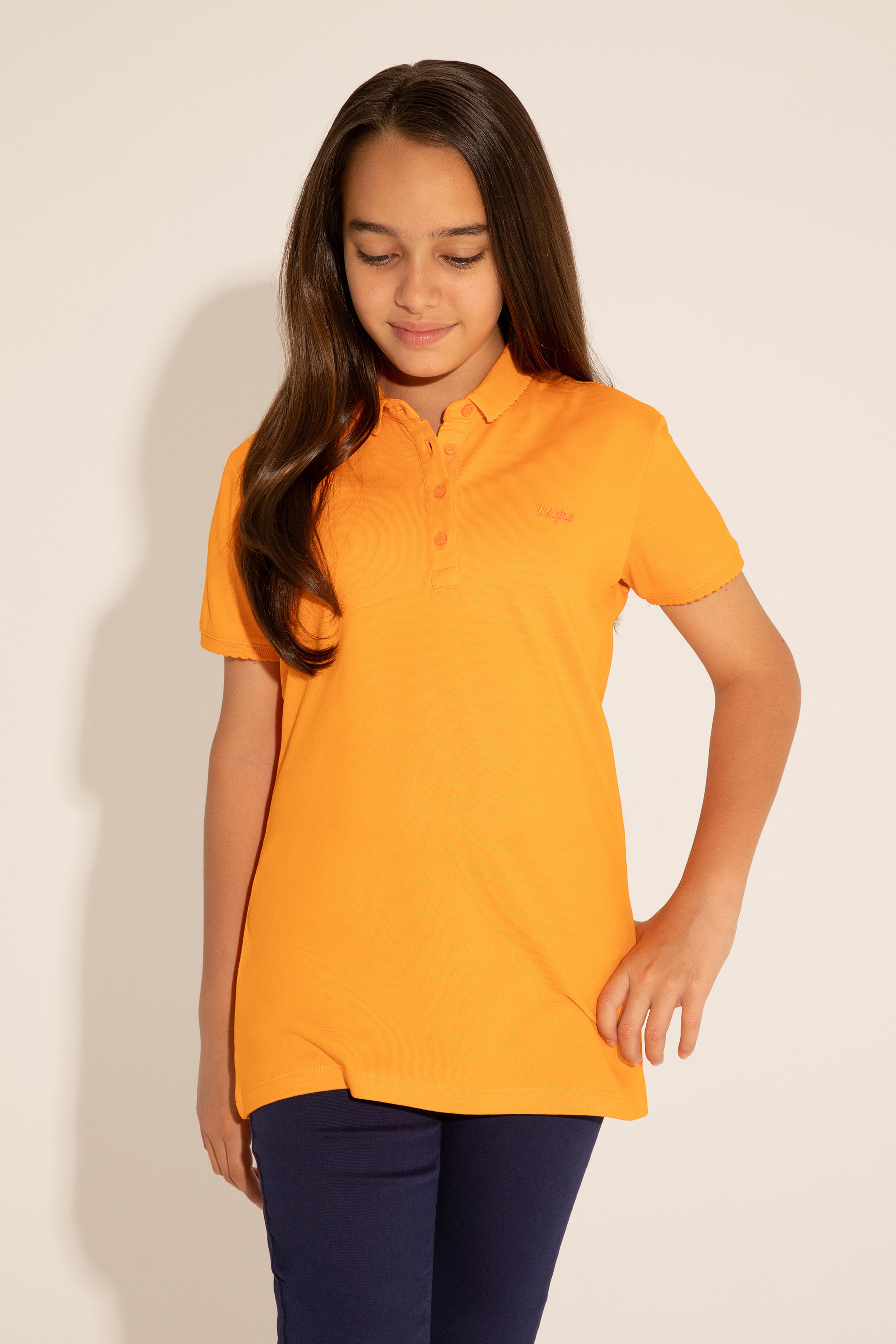 Kız Çocuk Turuncu Polo Yaka Basic Tişört - Image 3
