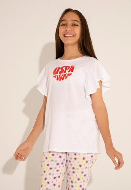 Kız Çocuk Beyaz Bisiklet Yaka Tişört - 50288438001