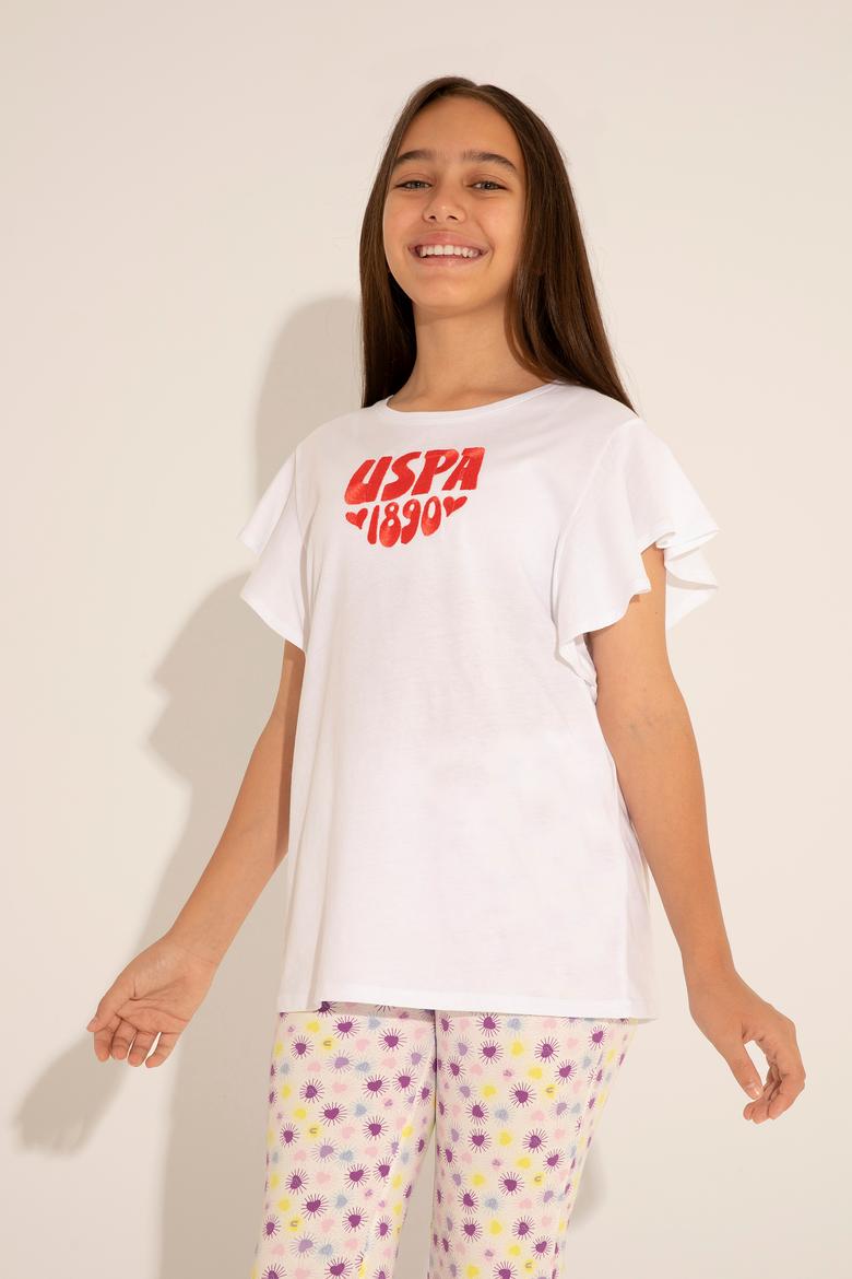 Kız Çocuk Beyaz Bisiklet Yaka Tişört - 50288438001