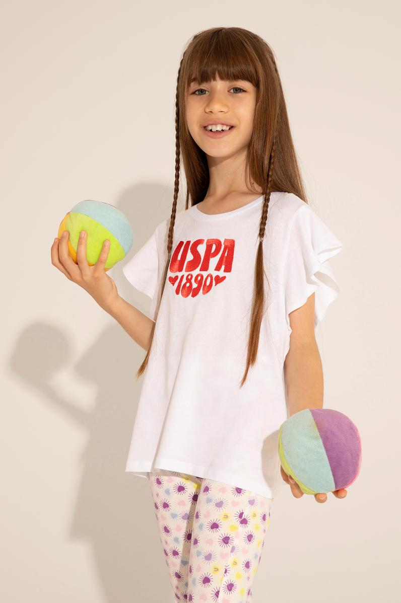 Kız Çocuk Beyaz Bisiklet Yaka Tişört